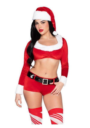 Leg Avenue Christmas Cutie Costume, Velvet Crop Top with Faux Fur Trim, Shorts, Belt and Santa Hat - Red/White - Large - 4 Piece