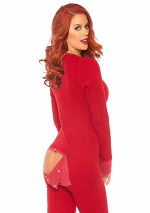 Leg Avenue Cozy Brushed Rib Long Johns with Cheeky Snap Closure Back Flap - Red - Large/Medium