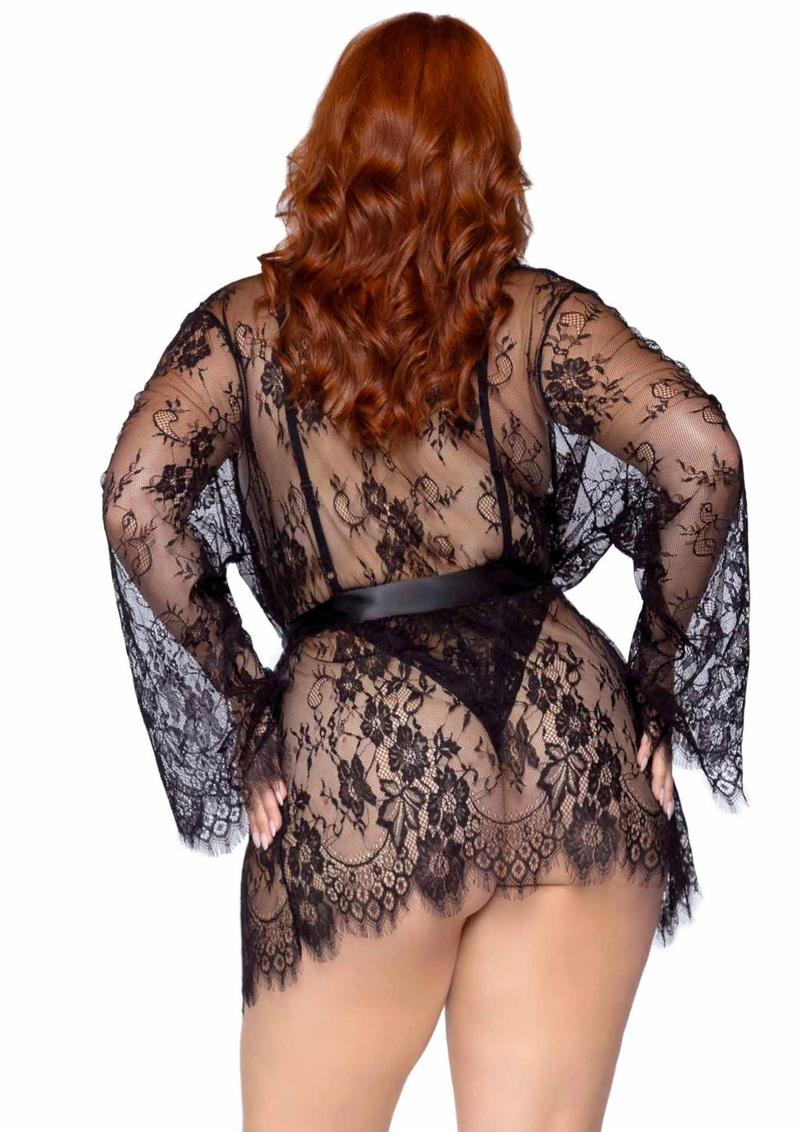 Leg Avenue Floral Lace Teddy with Adjustable Straps and Cheeky Thong Back, Matching Lace Robe with Scalloped Trim and Satin Tie - Black - Queen/XLarge/XXLarge - 3 Pieces