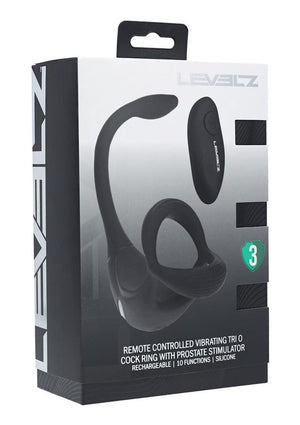 Levelz Vibrating Silicone Rechargeable Tri O Cock Ring with Prostate Stimulator and Remote Control - Black